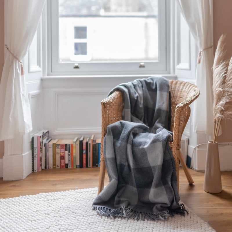 Recycled Wool Knee Blanket in Grey Buffalo Check