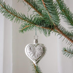 Sterling silver mouth-blown glass heart ornament with glittered edges, another view