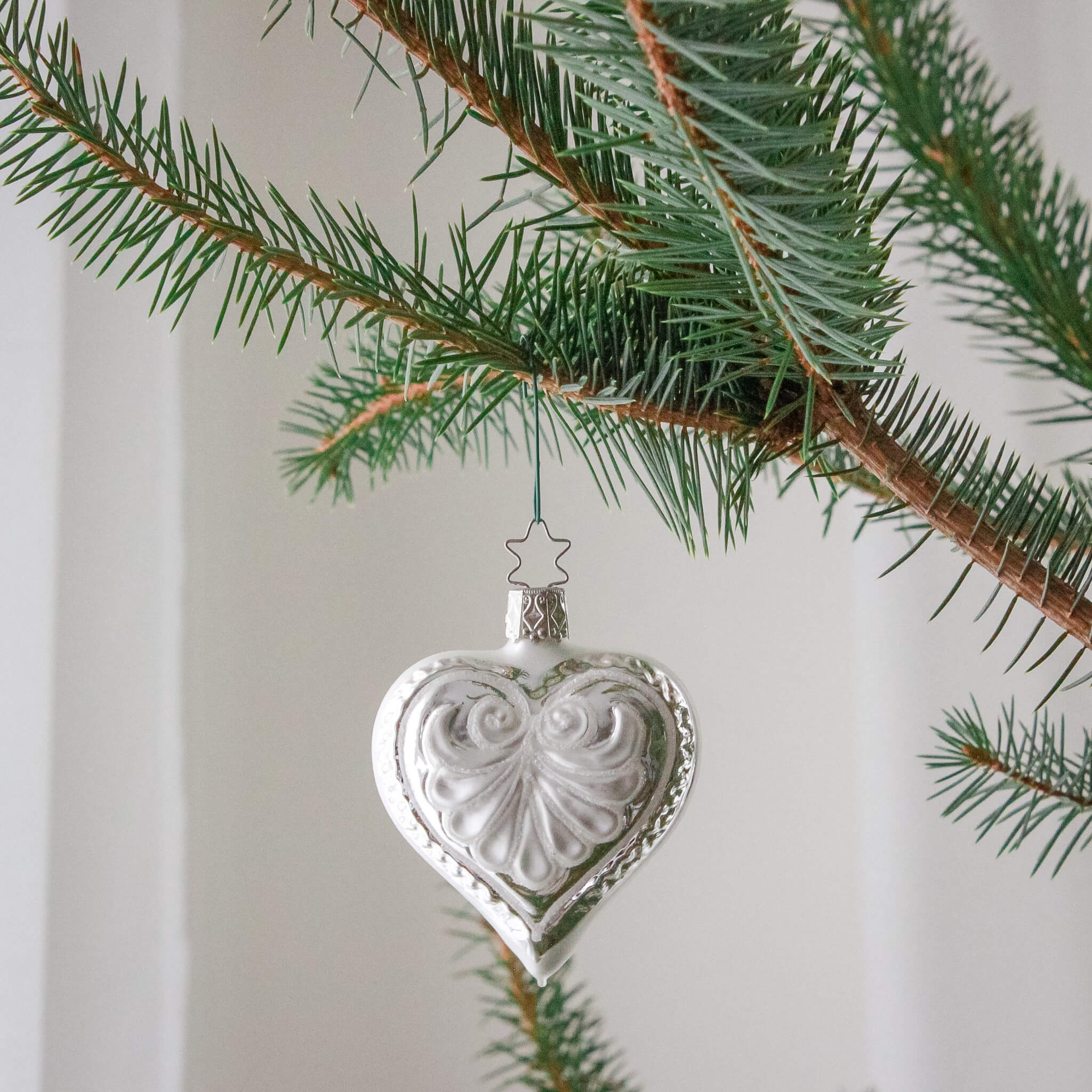Sterling silver mouth-blown glass heart ornament with glittered edges, another view
