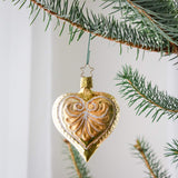 Antique gold mouth-blown glass heart ornament with a frosted glitter wash, another view